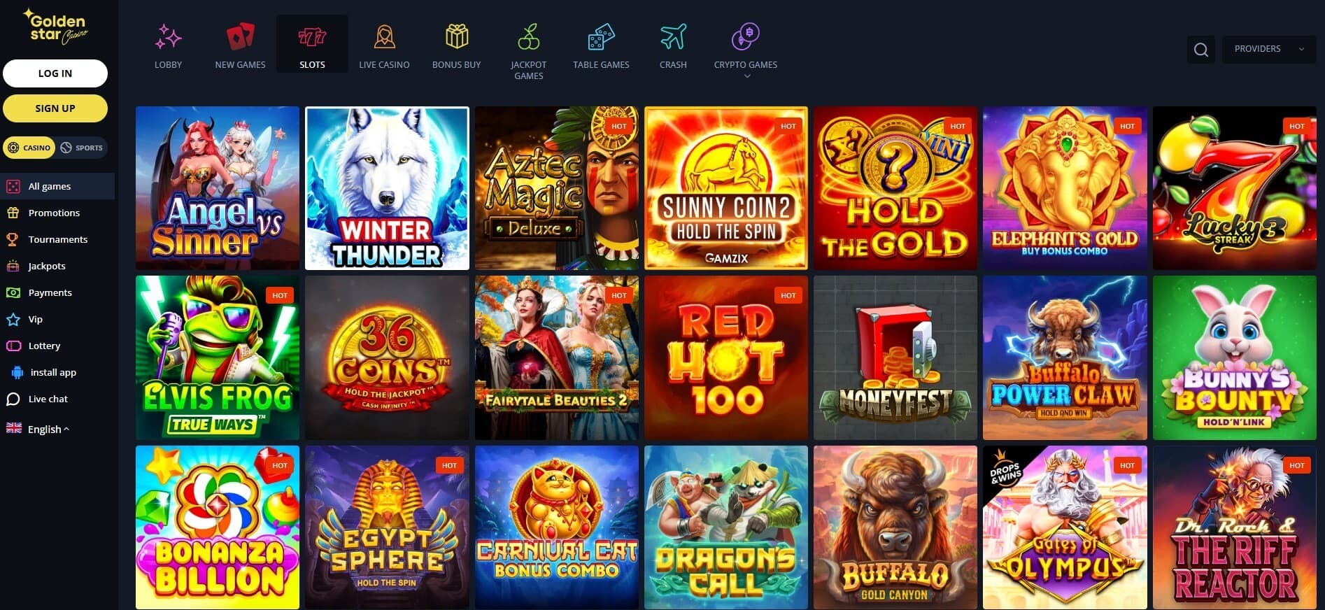 The games page of Golden Star Casino showcases a range of slot games, such as Angel vs Sinner, Winter Thunder, and more.
