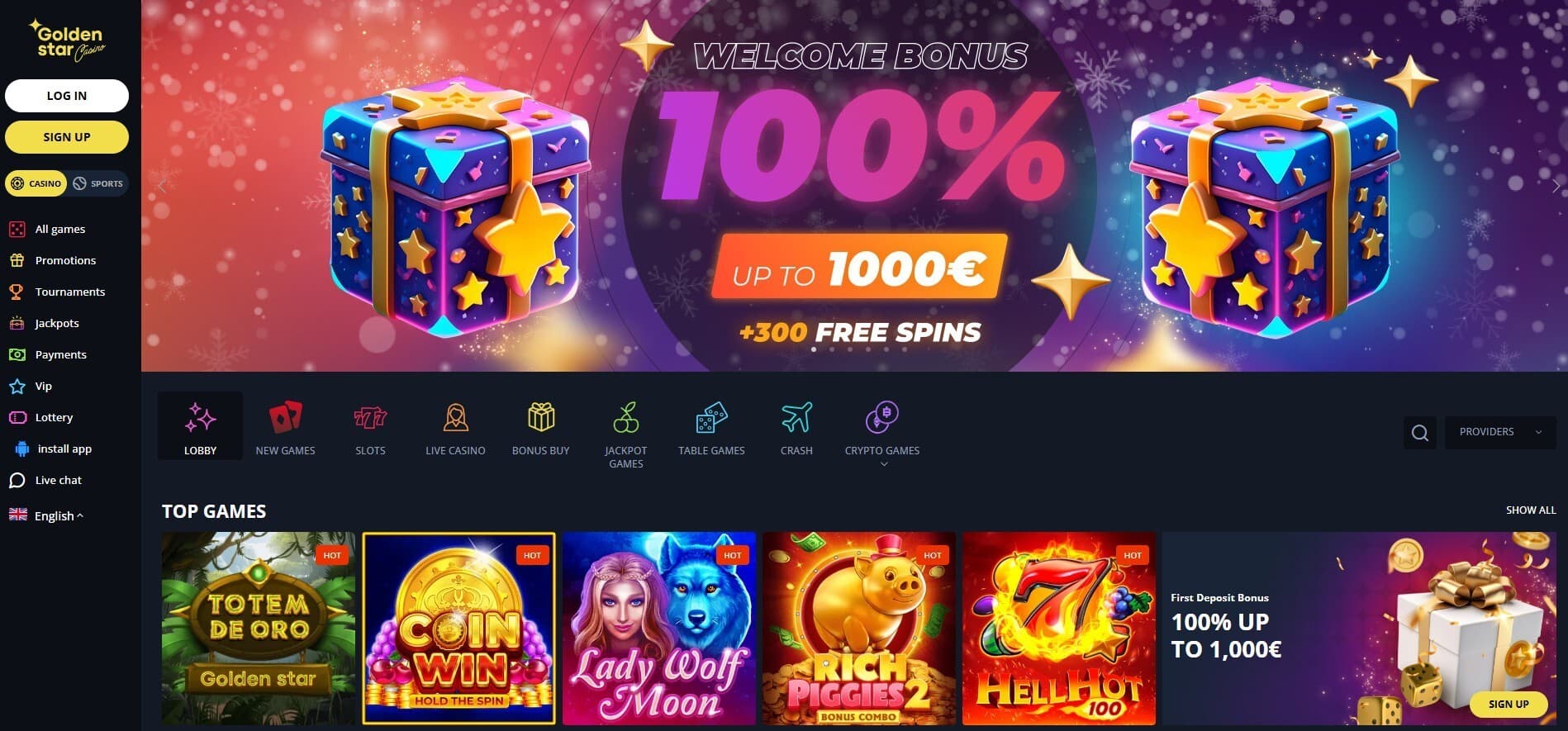 The landing page of Golden Star Casino showcases the welcome bonus of up to 1000 euros and 300 free spins.