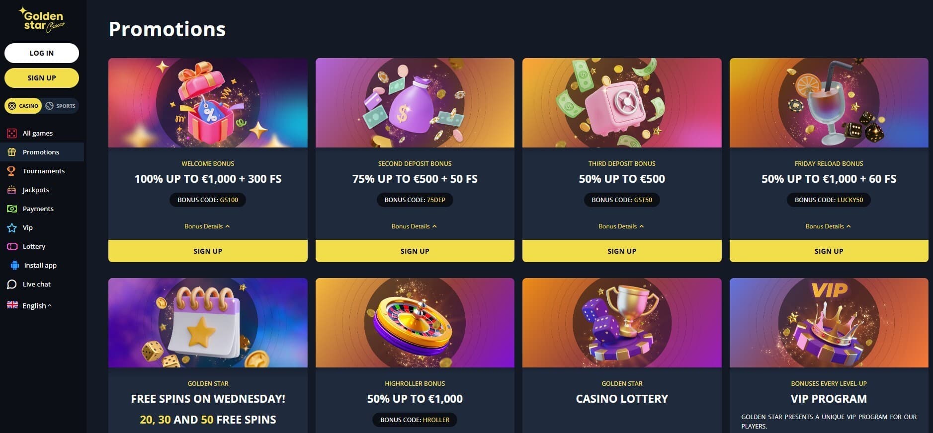 The promotions page of Golden Star Casino presents a wide range of casino bonuses, such as the welcome package and more.
