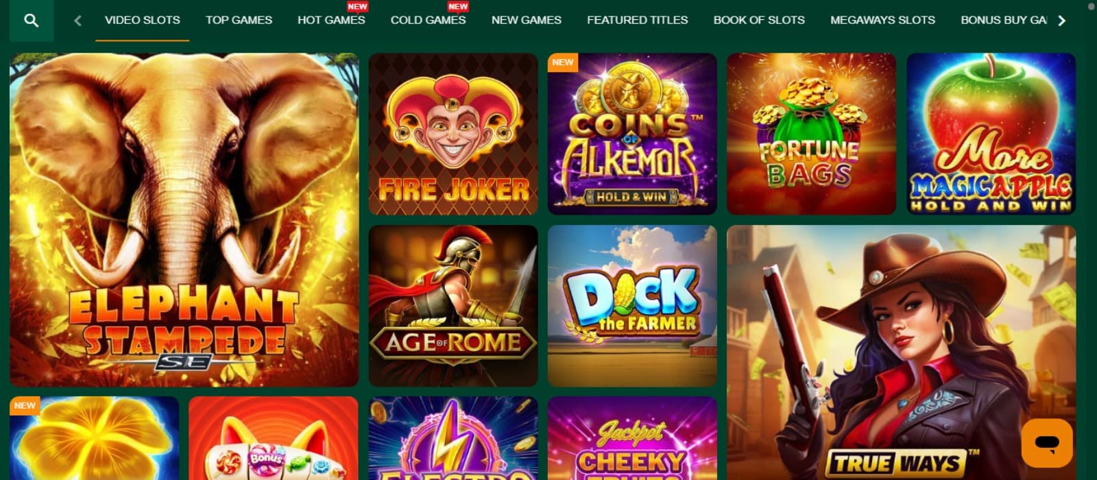 Gomblingo Casino games page with the colorful slot game icons, and top game category filter menus