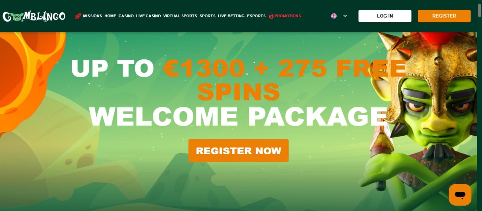 Gomblingo Casino landing page with the welcome bonus banner and top navigation menus