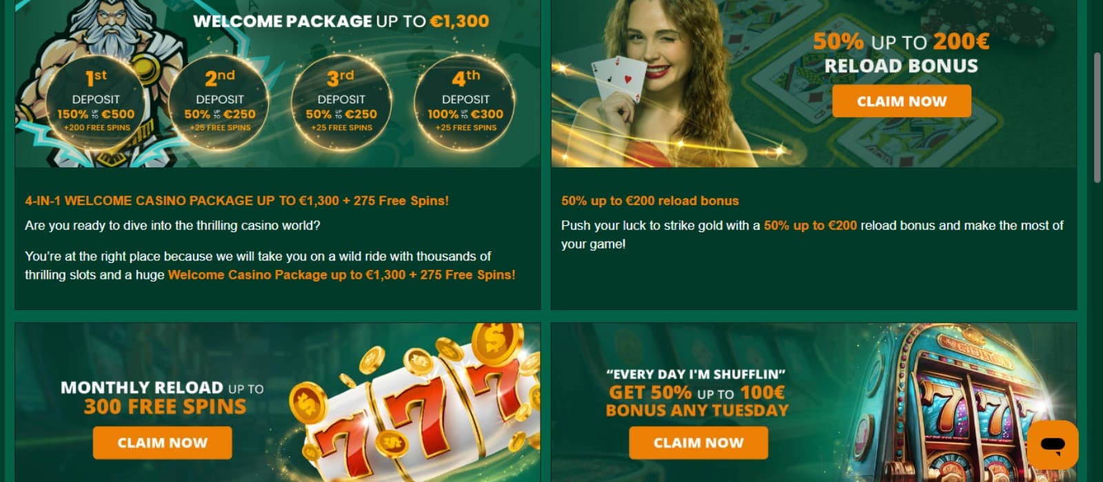 Gomblingo Casino promotions page with the welcome bonus and other bonus offer banners and their descriptions