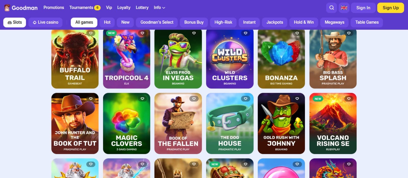 Goodman Casino games page with the various colorful slot game icons, game categories at the top and casino navigation menus