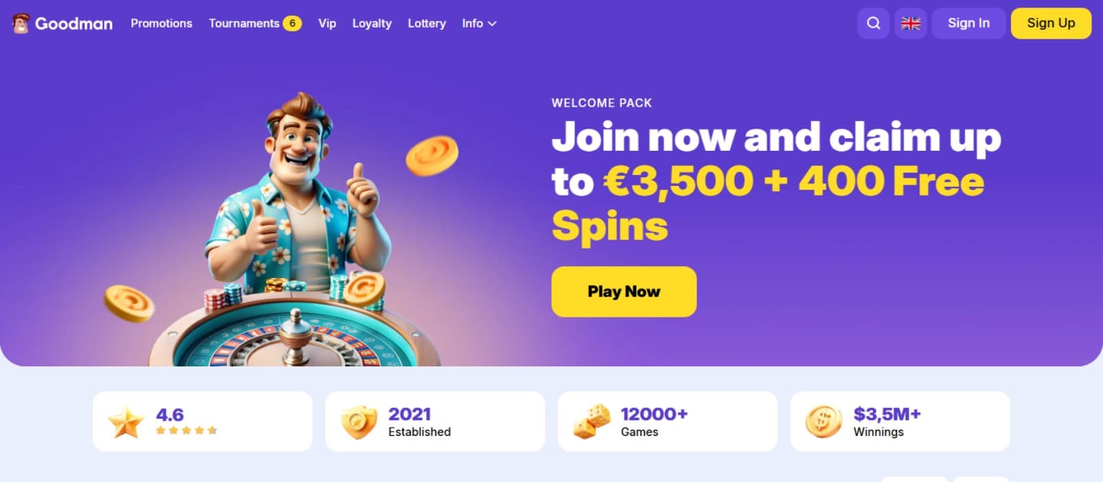 Goodman Casino landing page with the welcome bonus offer banner and description displaying an animated man sitting in a casino board, top navigation menus and casino stats below