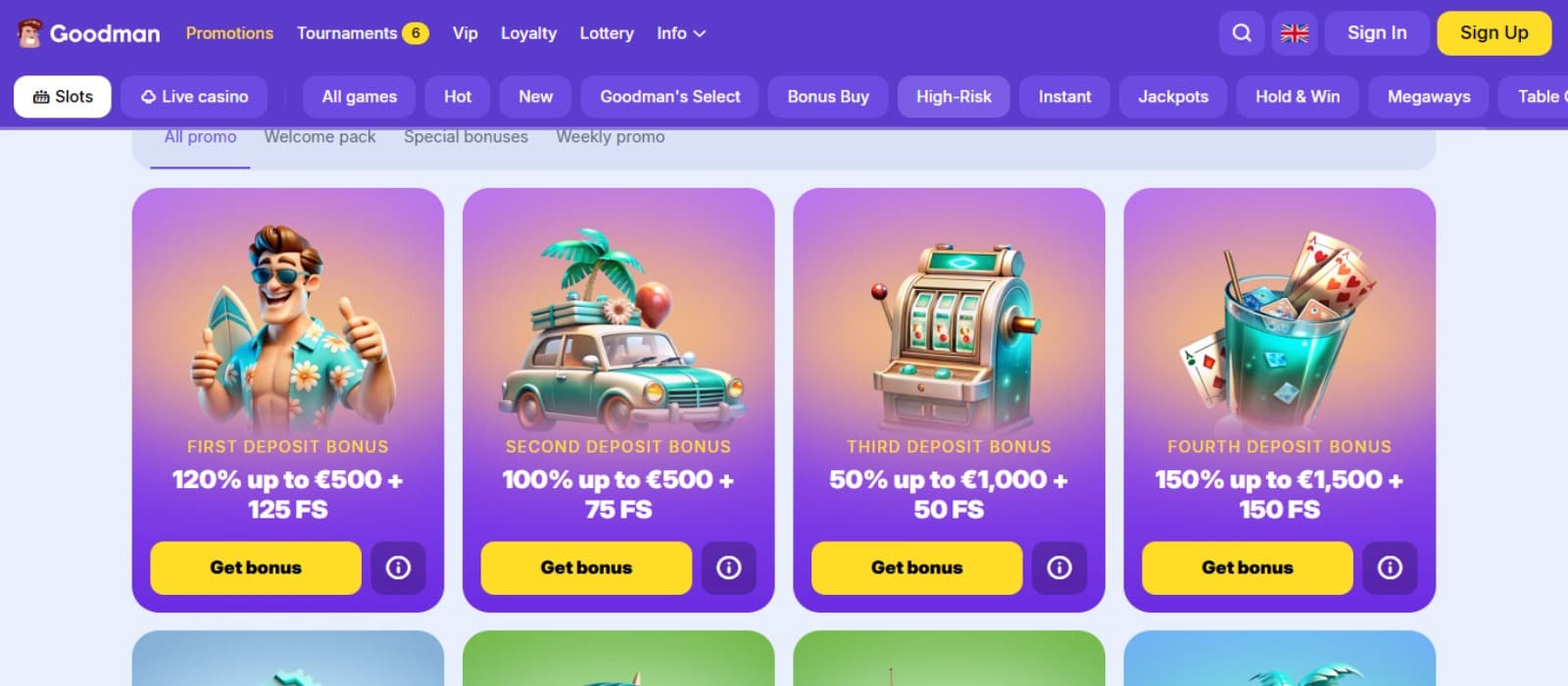 Goodman Casino promotions page with the various welcome bonus offer and other bonus offer banners and top navigation menus