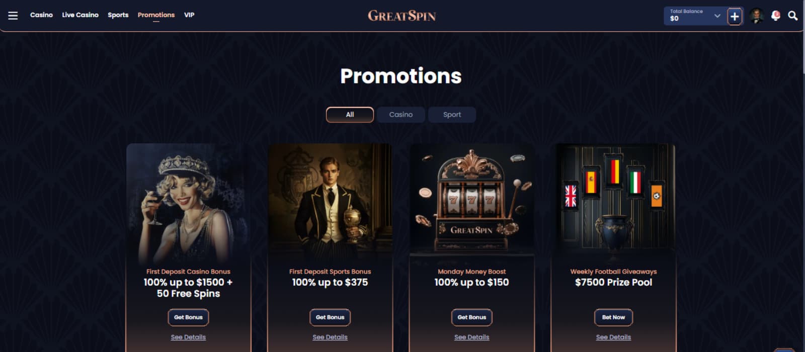 The GreatSpin Casino Promotion page displays sports and casino welcome bonuses. 