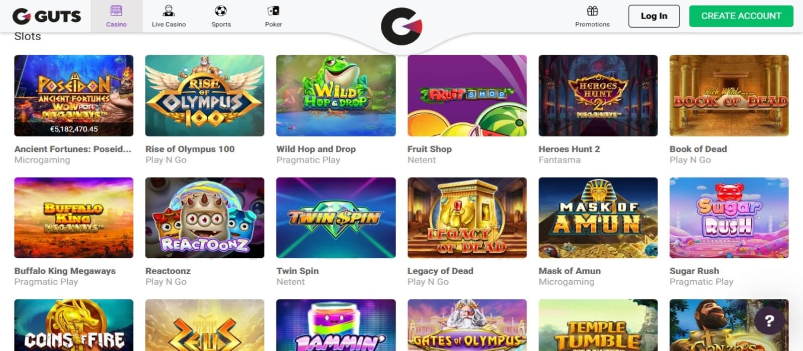 Guts Casino games page with the various slot game icons and top navigational menus with the Guts Casino logo