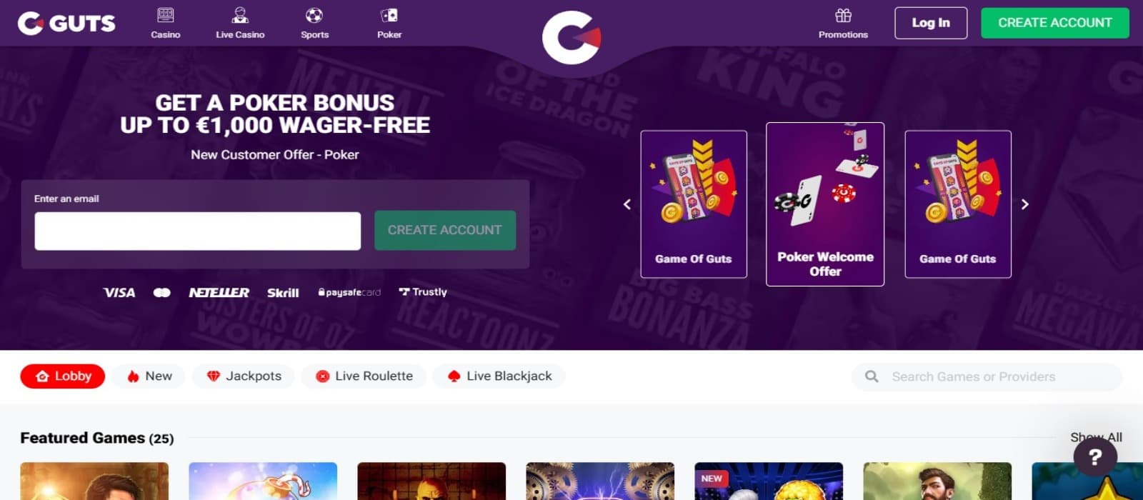 Guts Casino landing page with the poker welcome bonus, Game of Guts offer banner and top navigational panel,