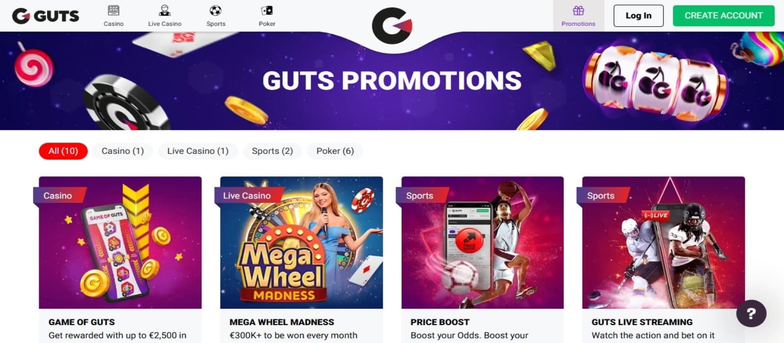Guts Casino promotions page with the various promotional offer banners and animted images with top navigational menus