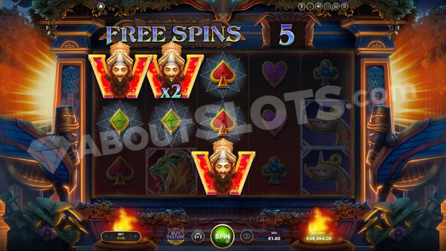 Free Spins bonus game with three wild symbols on the reels.