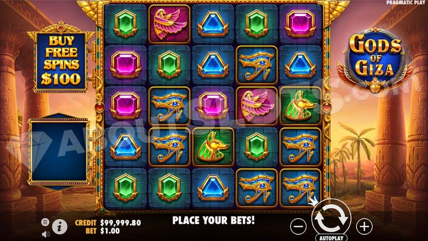 Five reels with colorful symbols outside a temple in ancient Egypt.