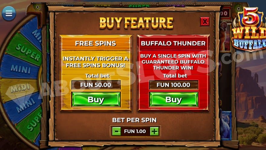 A screen offering the Free Spins for 50X and the Buffalo Thunder feature for 100X the bet. 
