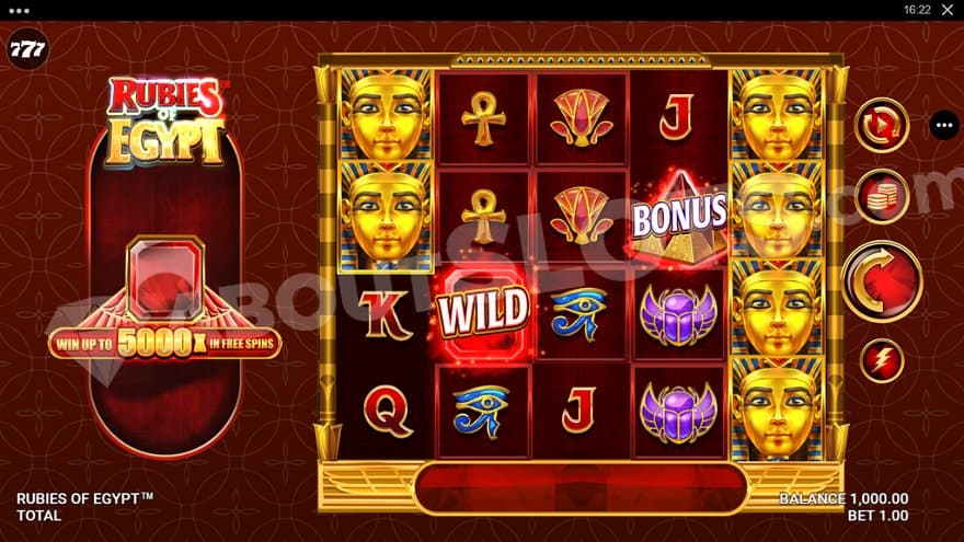 Five reels with four rows of Egyptian symbols.