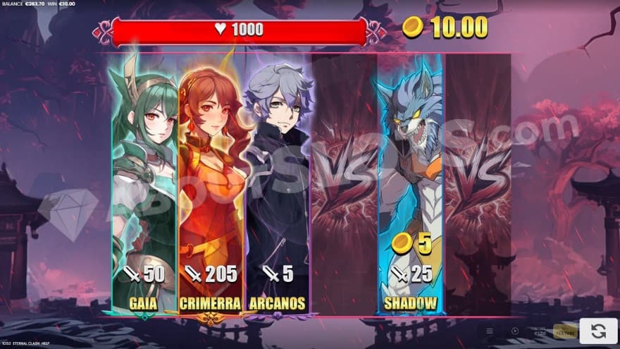 Free Spins bonus game with three allied characters and one enemy character on the reels.