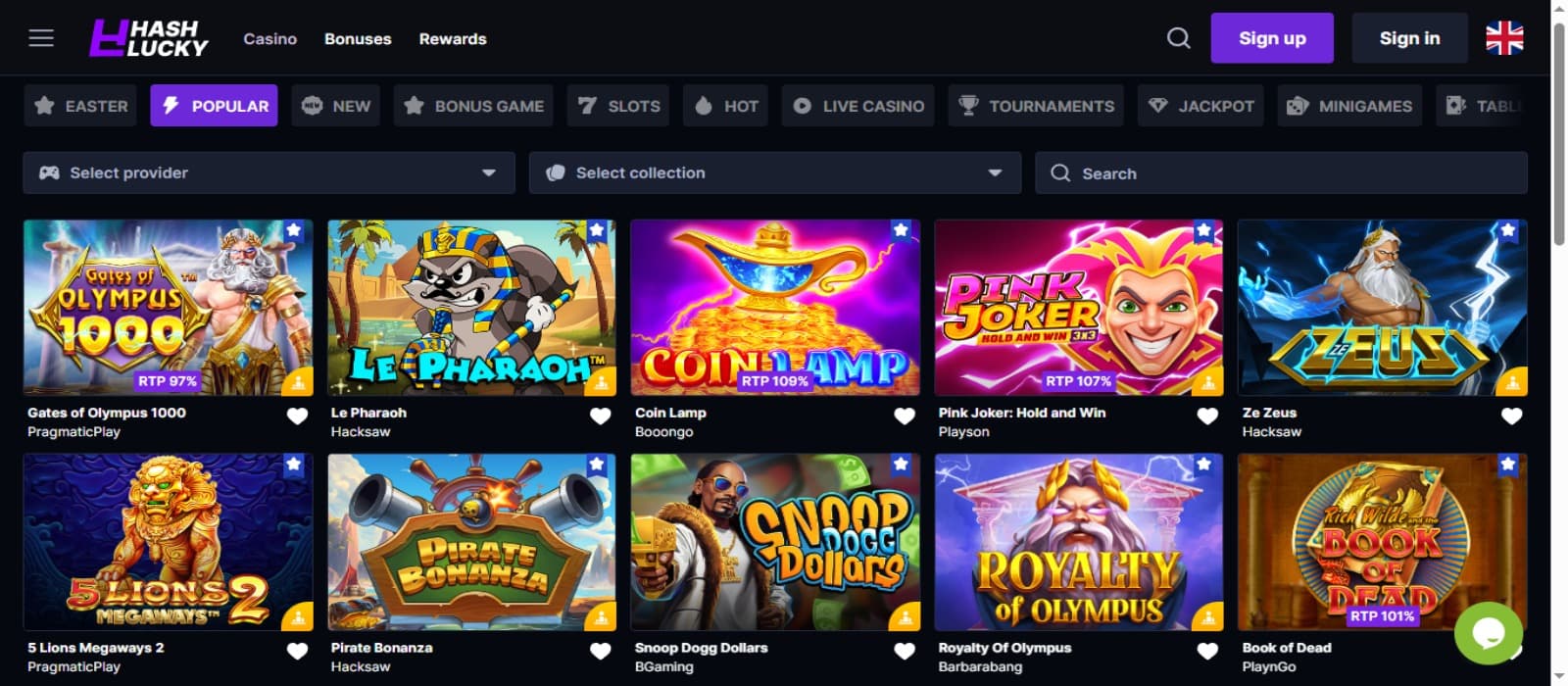 HashLucky Casino games page with the colorful slot game icons and game category selection menus at the top