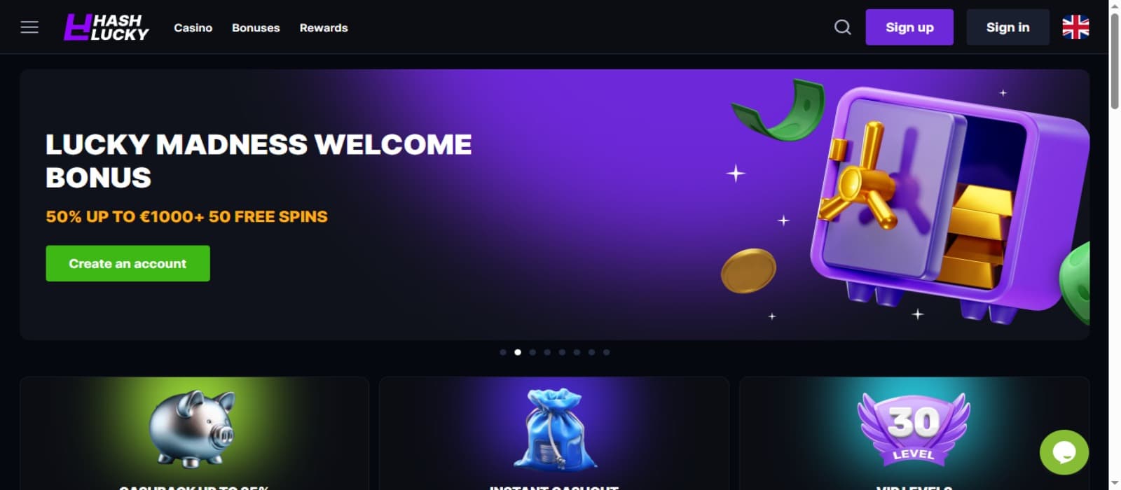 HashLucky Casino landing page with the welcome bonus offer banner and top navigational menus