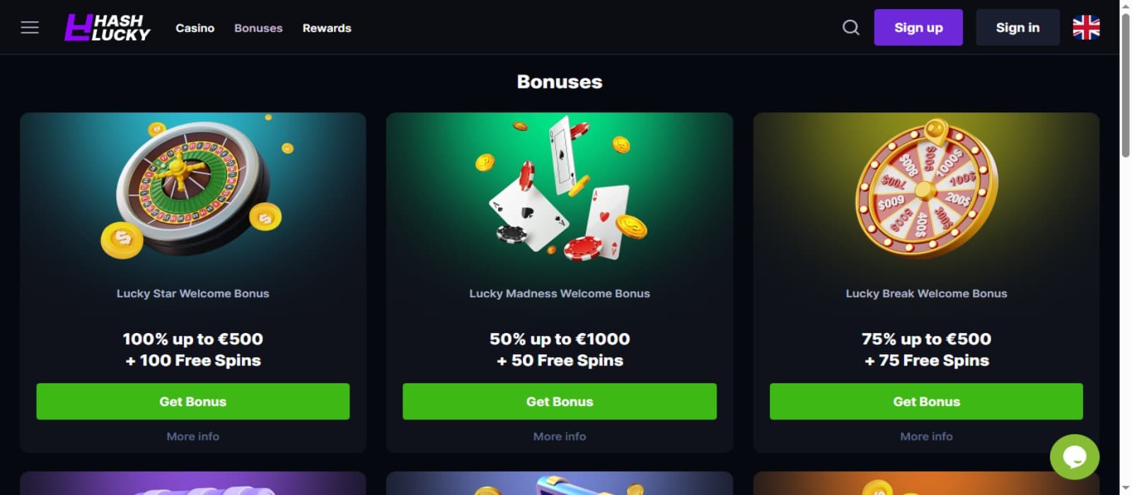 HashLucky Casino promotions page with the welcome bonus offer banners and top navigation menus