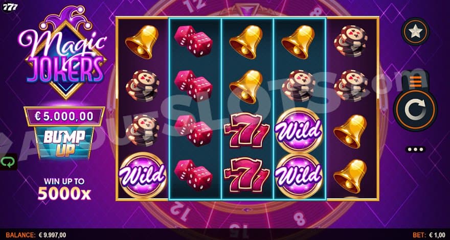 Five casino reels in front of a fortune wheel.