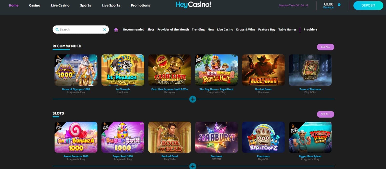 The landing page of HeyCasino presents a wide range of casino games, such as slot games, table games, and more.