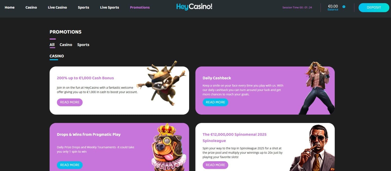 The promotions page of HeyCasino presents a rich collection of casino bonuses, such as the welcome offer, daily cashback, and more.