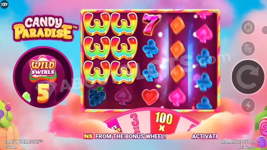 Base game where you can see six wild symbols on the reels.