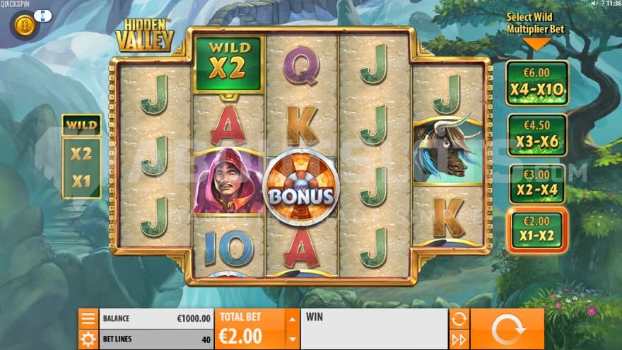 The base game with a pilgrim and an ox symbol on the reels with the mountains in the background