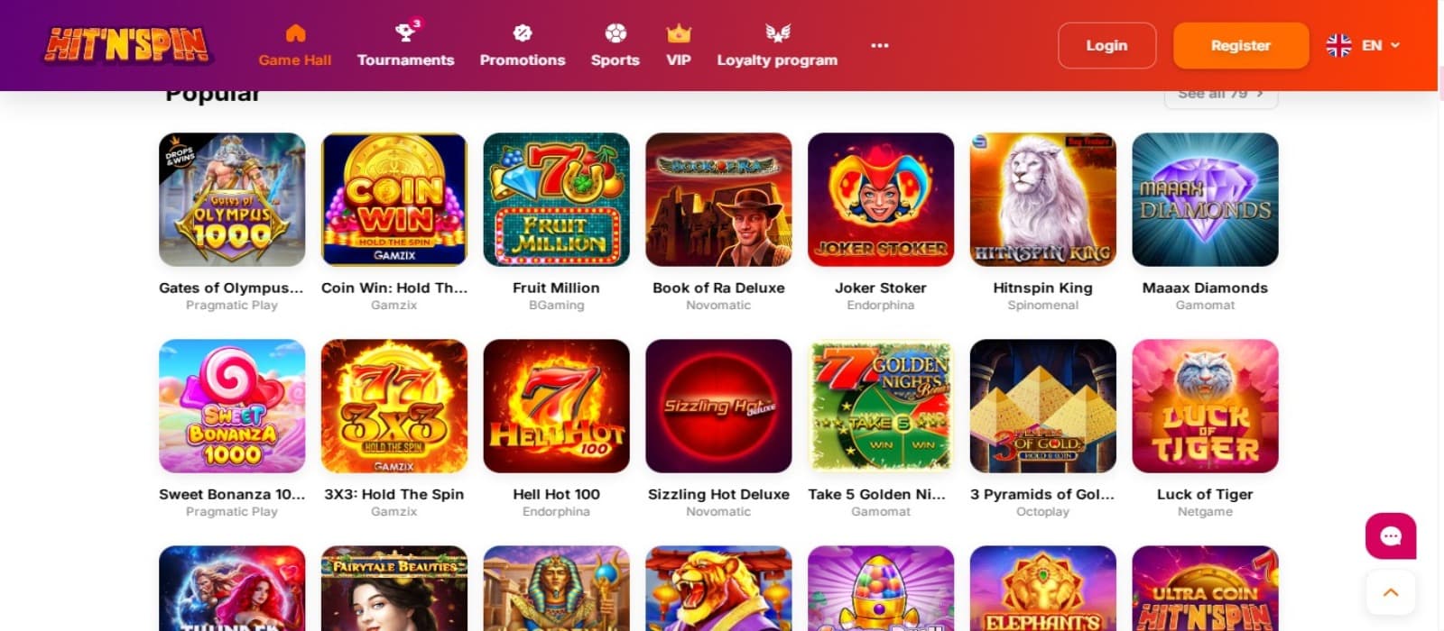 HitnSpin Casino games page with the slot game icons and top navigational menus