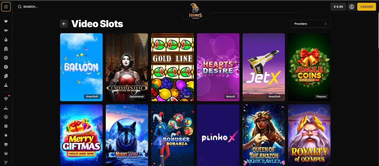 The games page of Horus Casino showcases the video slots, such as Gold Line, Hearts Desire, and more.