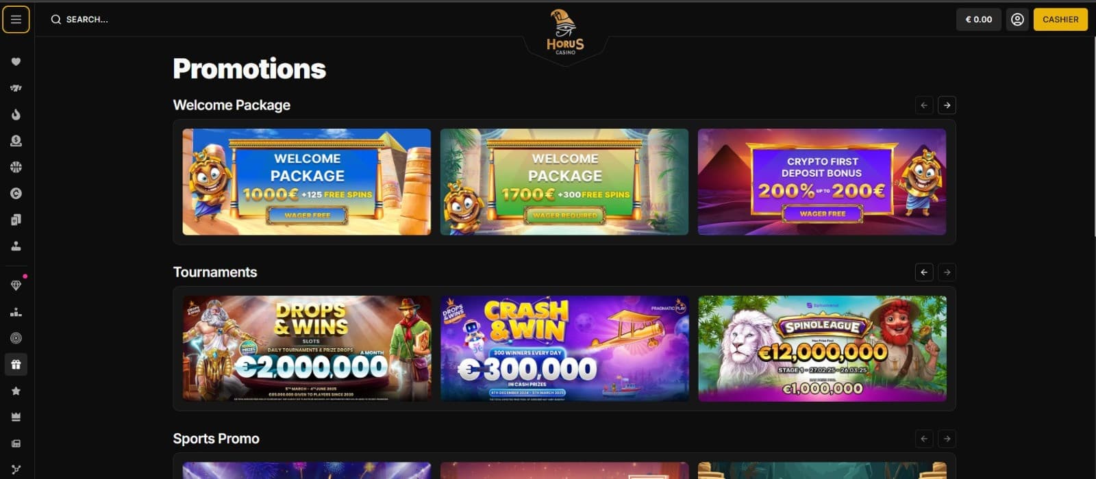 The promotions page of Horus Casino displays the welcome packages offered by the casino.