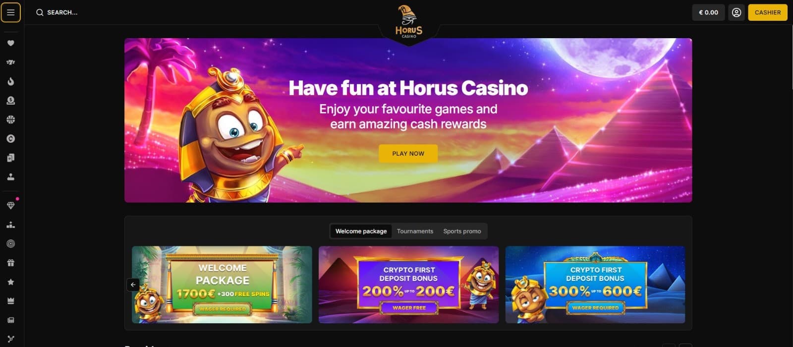 The landing page of Horus Casino showcases the welcome package and other casino bonuses.