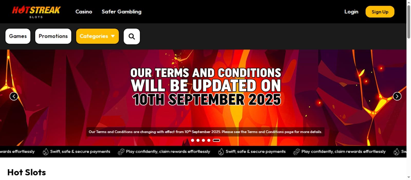 HotStreak Casino landing page with the terms & conditions update banner, top navigation menus and login option at the top right