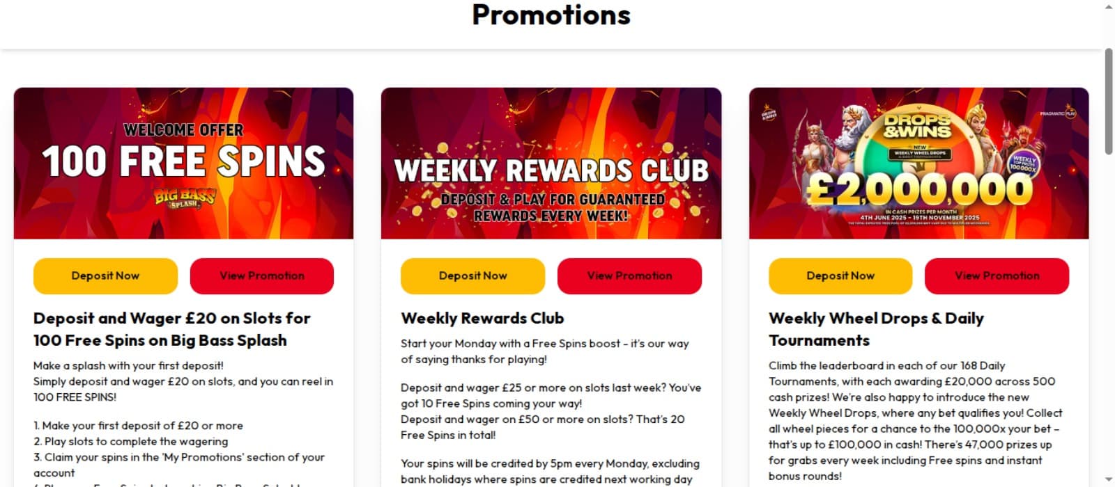 HotStreak Casino promotions page with the welcome bonus and other bonus offer banners and their descriptions