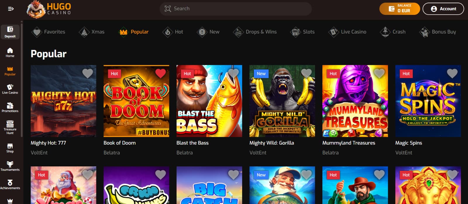 Hugo Casino games page displaying the popular games section with featured slot titles like Book of Doom and Blast the Bass, provider labels, and quick-access category filters.