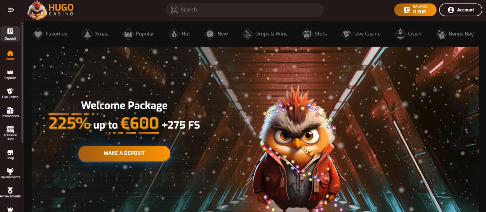 Hugo Casino landing page showing the homepage hero banner with the Hugo bird mascot, a 225% up to €600 welcome bonus with 275 free spins, and top navigation for casino categories.