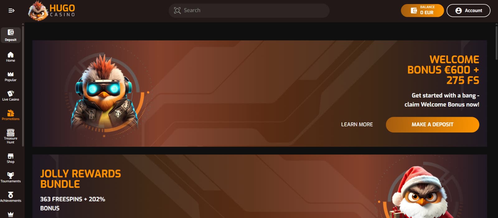 Hugo Casino promotions page highlighting active bonus offers, including the welcome bonus, Jolly Rewards Bundle, and seasonal free spins promotions with clear call-to-action buttons.