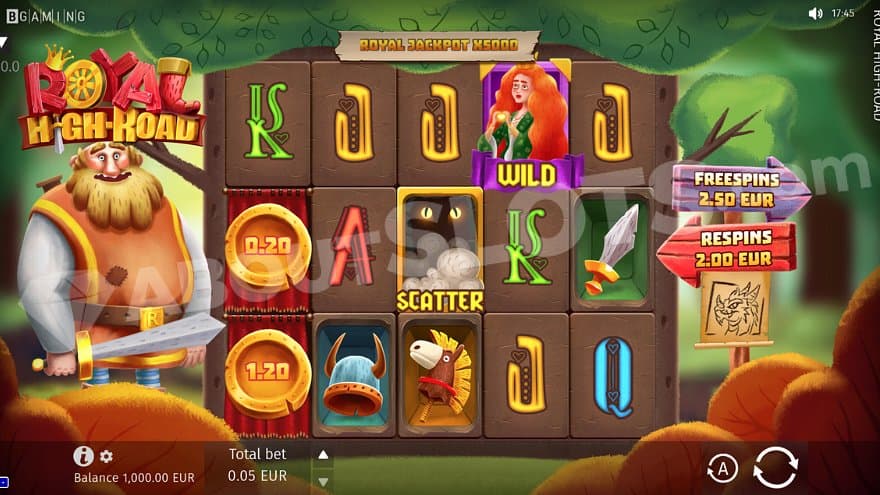 Five casino slot reels in a forest. 