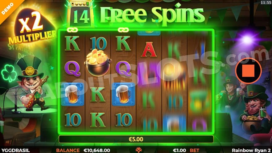 The game's main character is rocking is electric guitar next to the reels with 14 Free Spins to go.