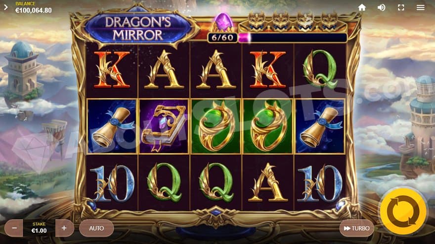Five casino slot reels in a nature landscape.