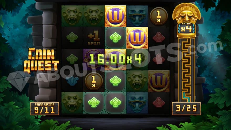 A winning combination of seven symbols paying 16x4 on the ninth of eleven free spins.