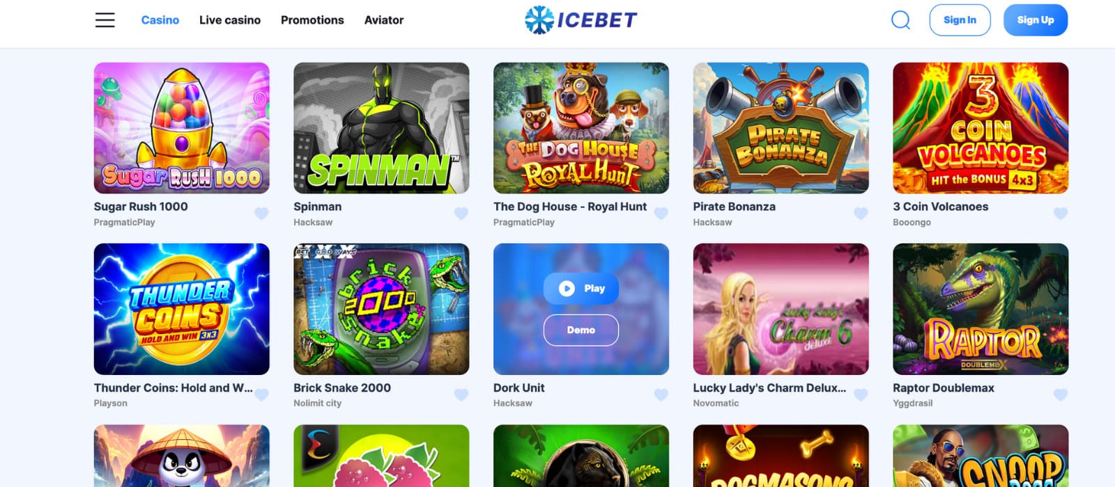 Icebet Casino games page features a variety of slot games, including Pirate Bonanza, Sugar Rush, and Spinman.