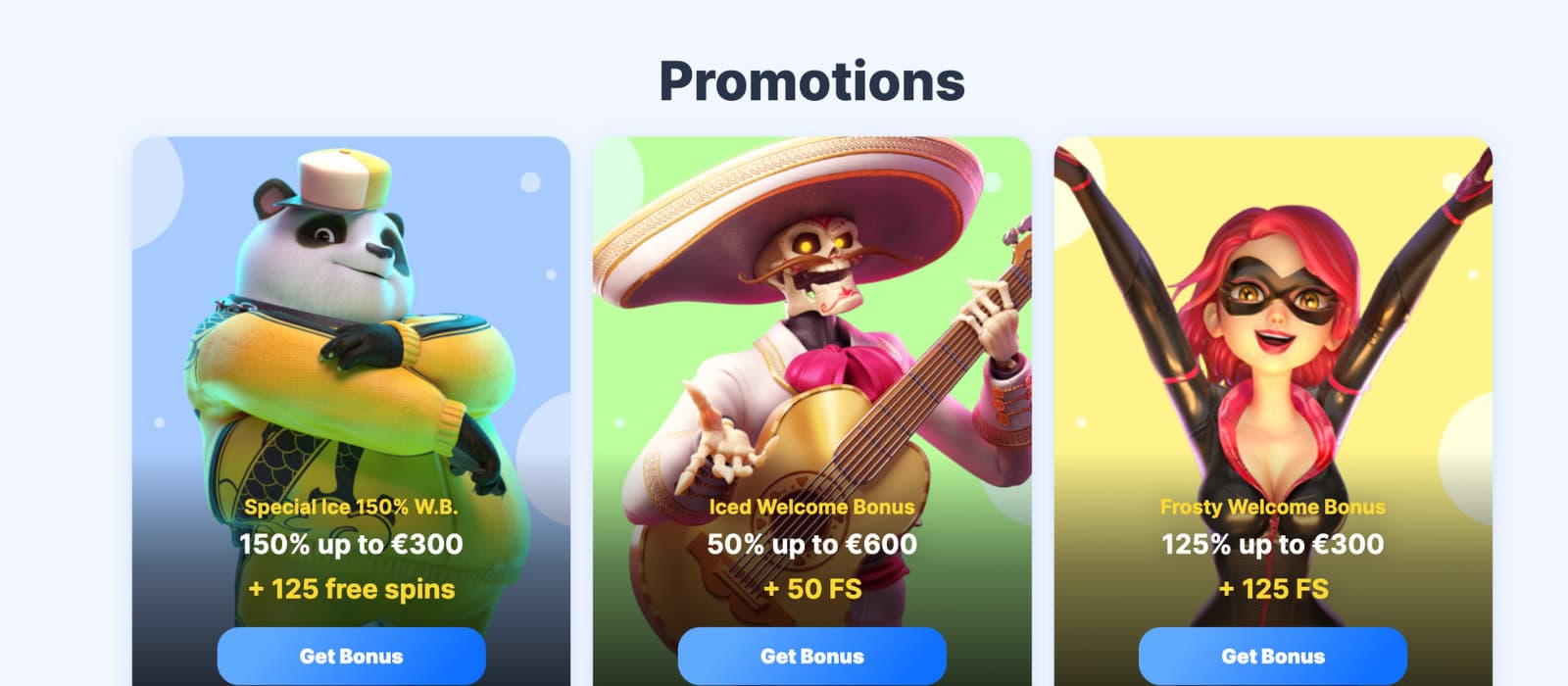 Icebet Casino promotions page highlighting three welcome offers: 150% Special Ice Bonus, 50% Iced Bonus, and 125% Frosty Bonus with free spins.