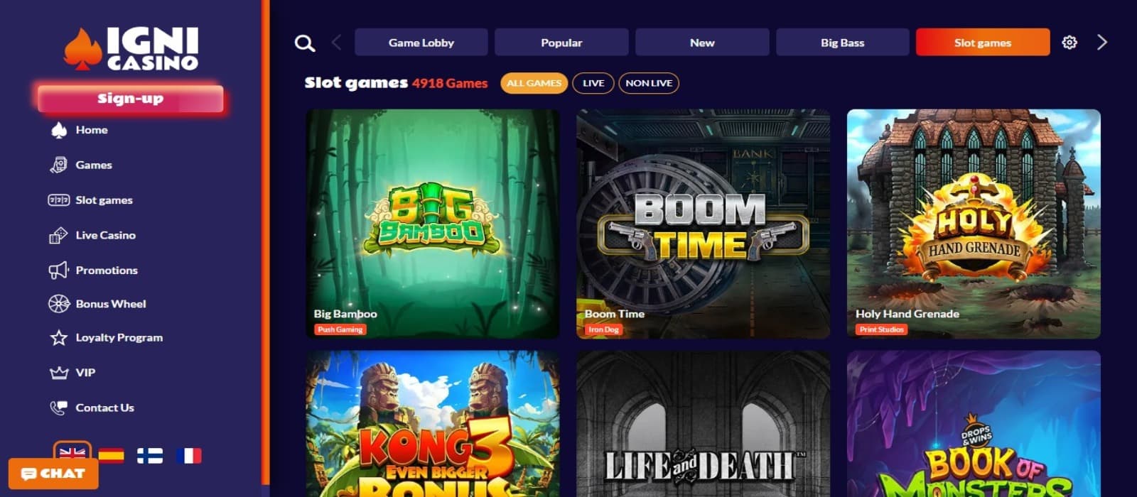 Igni Casino games page with the colorful slot game icons and side navigation menus