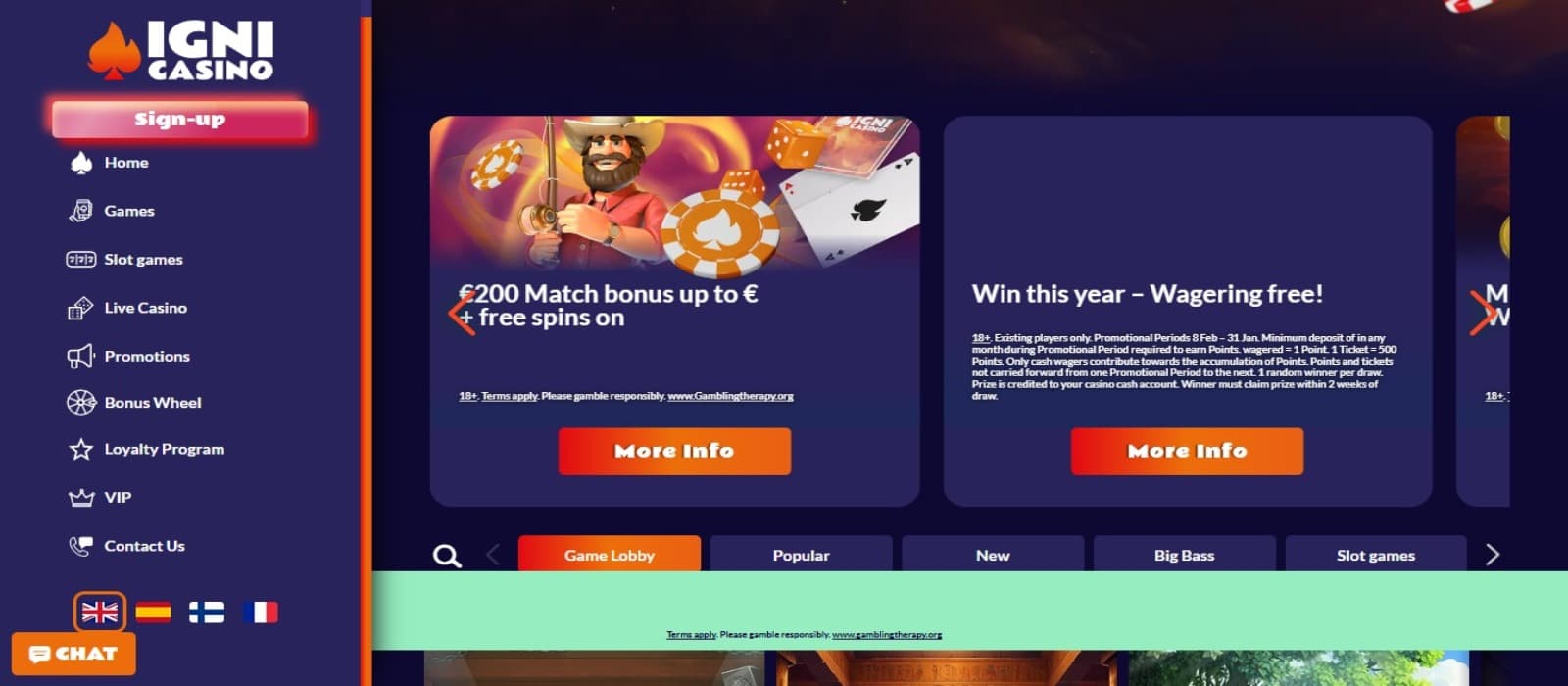 Igni Casino landing page with the welcome bonus and wager free wins banner  and side navigation menus and game categories below