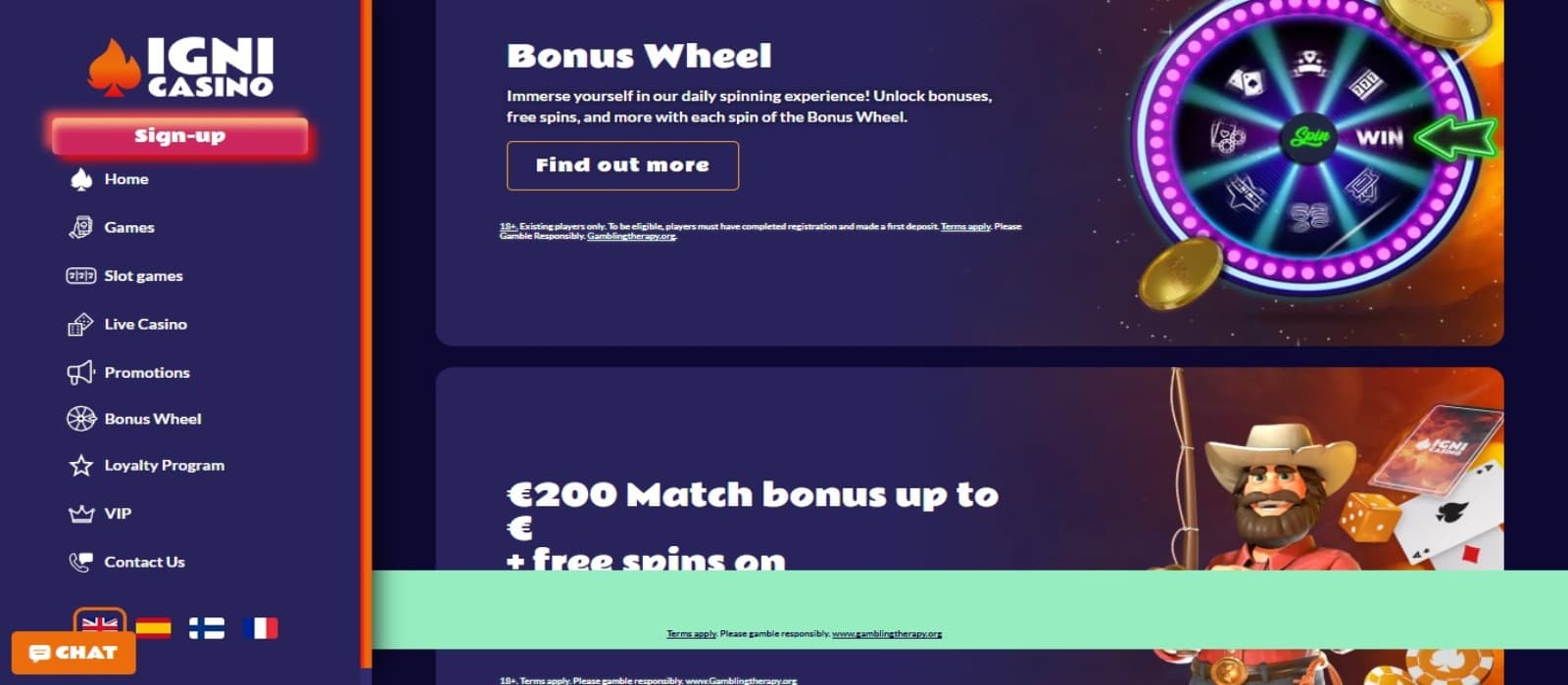 Igni Casino promotions page with the bonus wheel and welcome bonus offer banners and side navigation menus