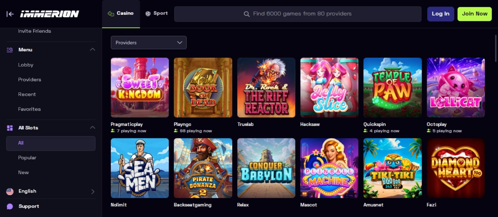 Immerion Casino games page with the colorful slot game icons and side navigation menus and a search bar for filtering games and other categories