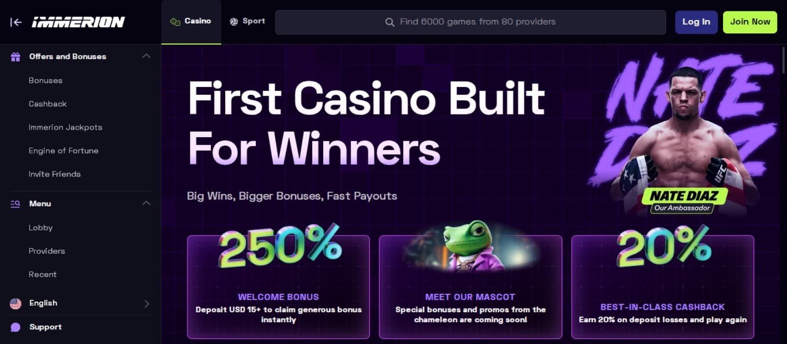 Immerion Casino landing page with the bonus offer banners along with the image of Nate Diaz and side navigation menus