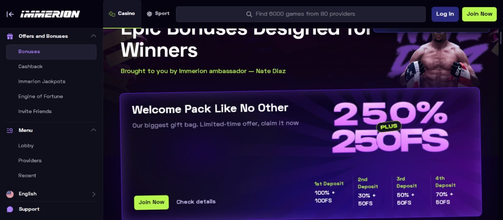 Immerion Casino promotions page with the welcome bonus offer banner, image of Nate Diaz and side navigation menus along with a search bar above