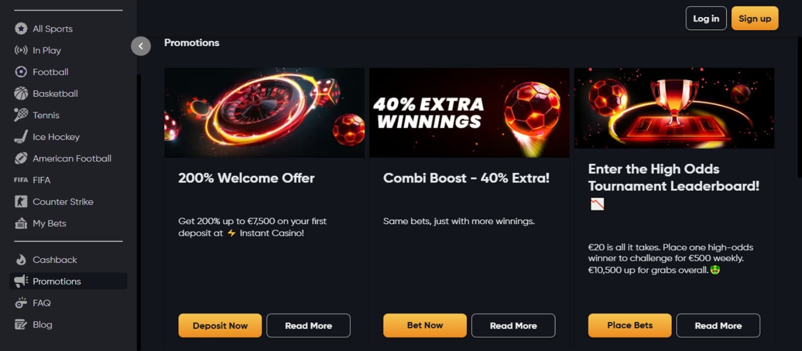 Instant Casino promotions page with the welcome bonus, cashback and other offer banners and side navigational icons