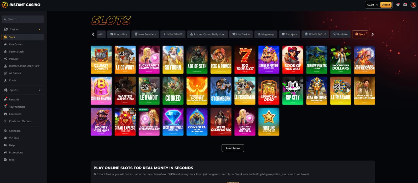 Instant Casino games page showing the slot lobby with game tiles, category filters, featured slot titles, and the left-side casino menu