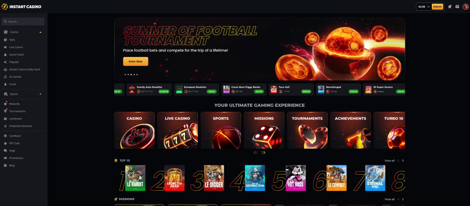 Instant Casino landing page showing the homepage layout with a football tournament banner, left-side navigation menu, featured reward categories, and top casino games